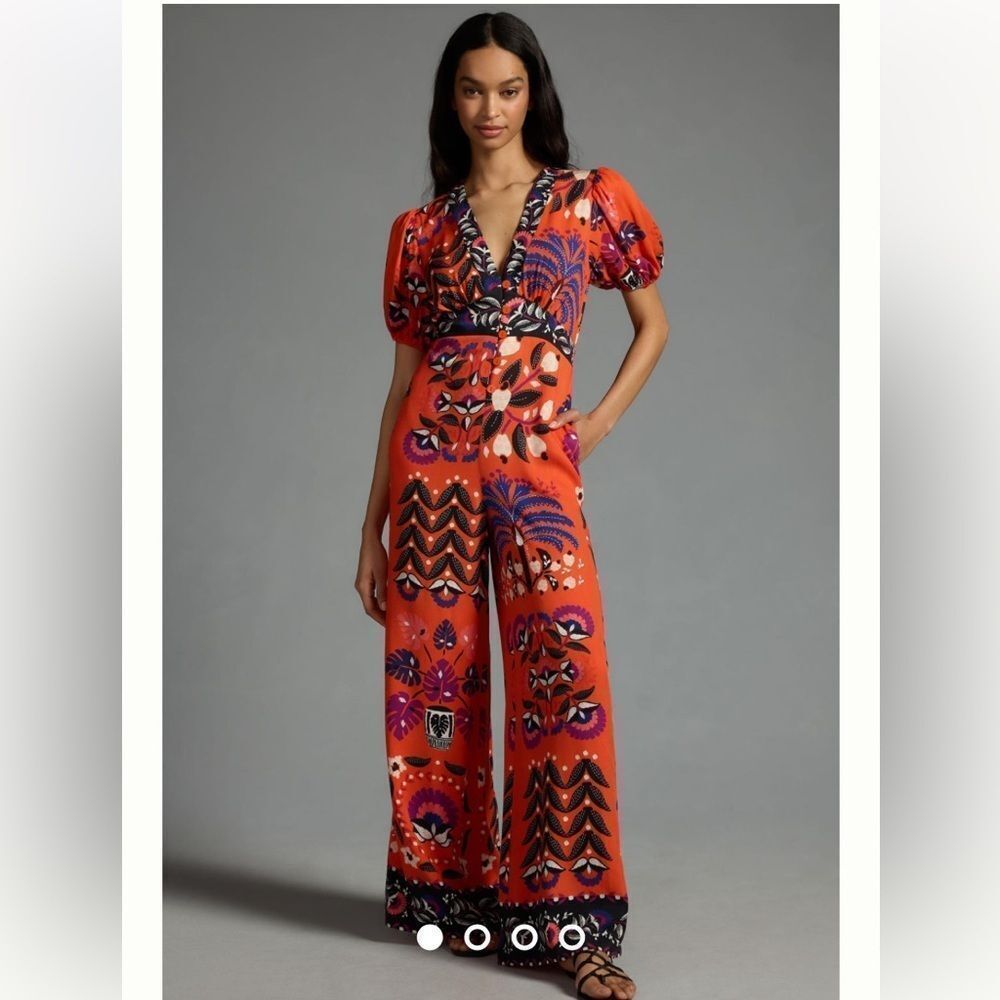 Farm Rio size Small by Anthropologie Rio Printed Deep-V Puff-Sleeve Jumpsuit